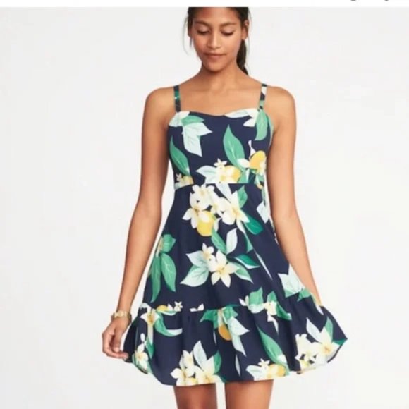 Old Navy Floral Sun Dress Flowy Summer Tropical Orange Blossom Medium Tall - Picture 1 of 6